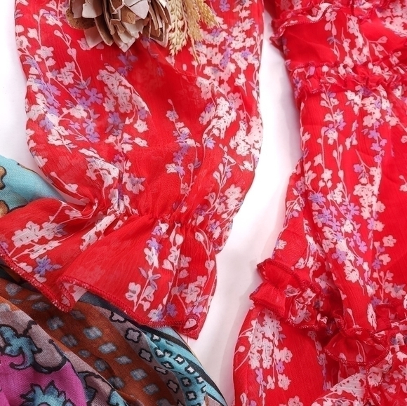 Red Pink Floral Boho Gorgeous Keyhole Back Dress Size M - Picture 7 of 14